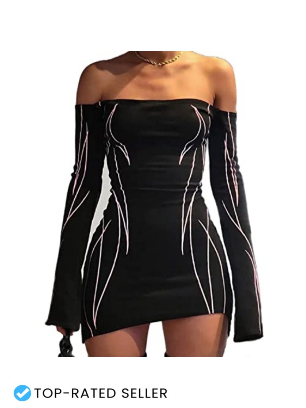 Women Off Shoulder Long Sleeve Mini Bodycon Dress Polyester Y2K Party Clubwear